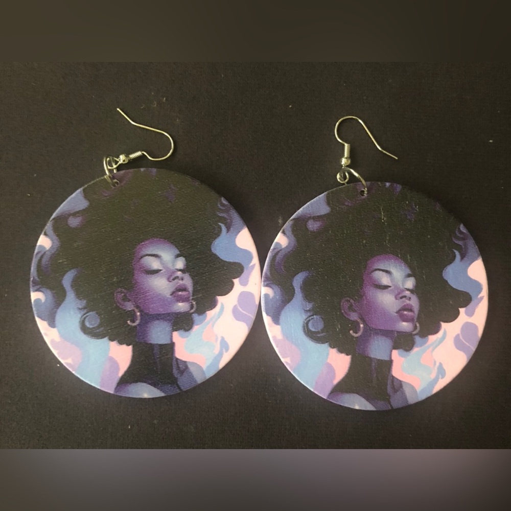 Purple Afro Art Round Drop Earrings - Women Jewelry